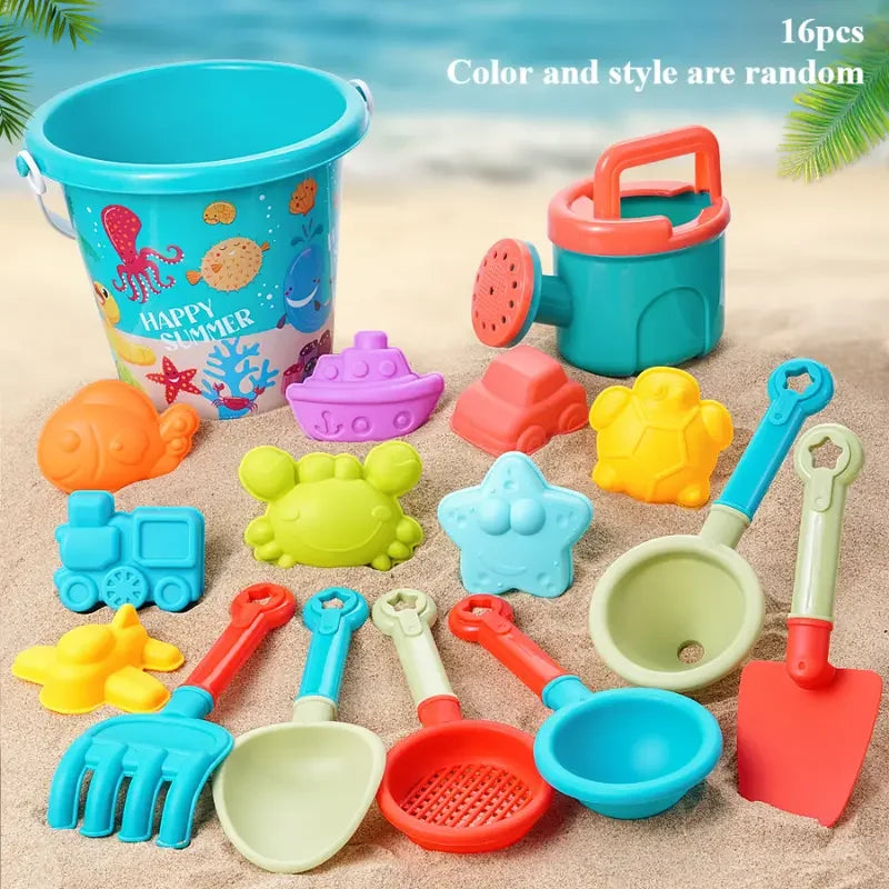 16pcs Children's Beach Toy Set Baby Playing In Water And Beach Large Sand Shovel Beach Bucket Sand Digging Tool Sand Toys