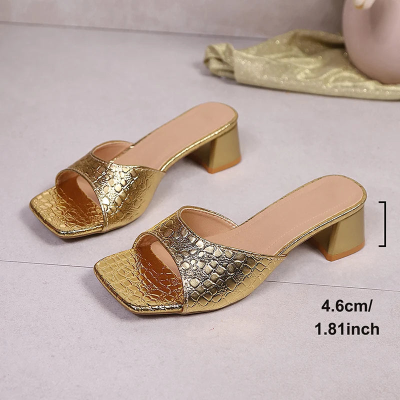 Fashion Gold High Heels Sandals Women 2026 Summer Square Toe Thick Heeled Outdoor Slippers Woman Plus Size 43 Ladies Shoes