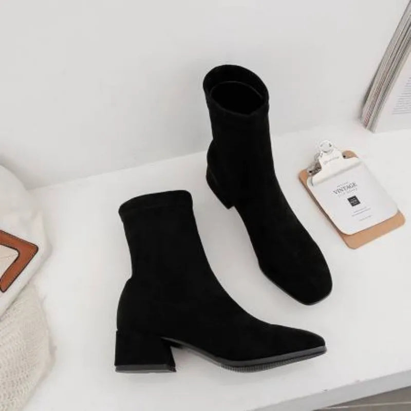 NASBAVI Woman Ankle Boots 2025 Autumn Winter Round Toe Low Heel Flock Black Comfortable Booties Lady Shoes Zapatos Mujer