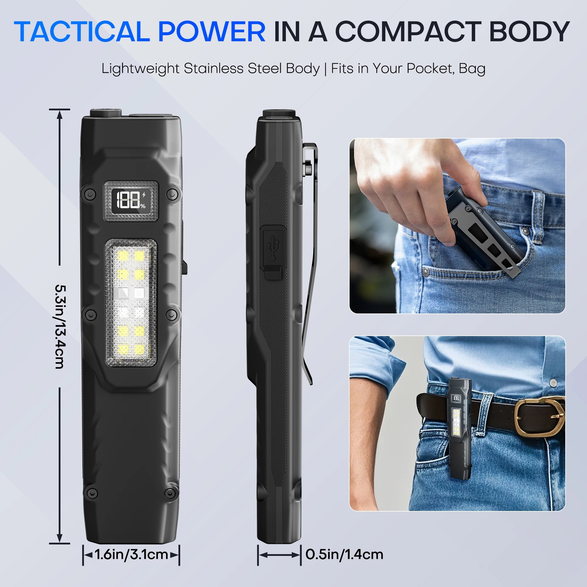 Rechargeable 1500 Lumen Flat Flashlights EDC Tactical Flashlight,Dual-Switches LED Small Flashlight with Digital Display,Stainle