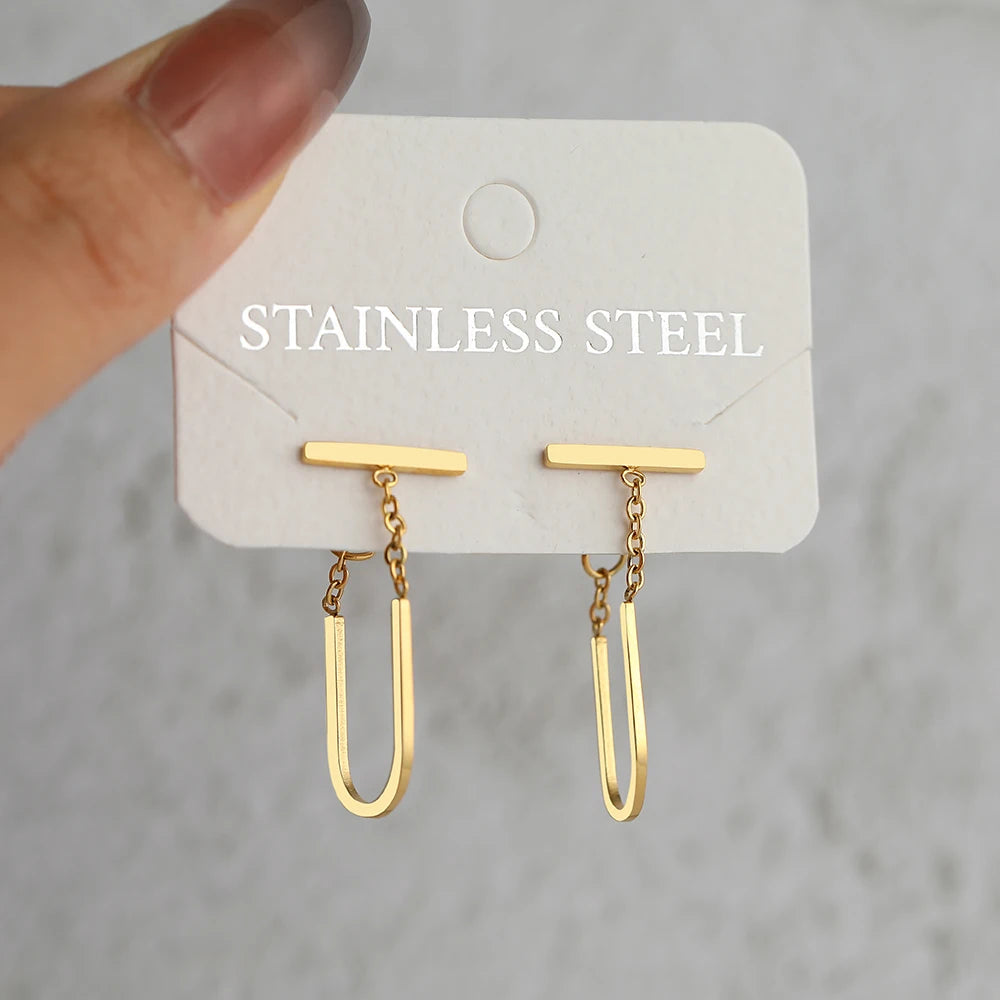 Stainless Steel Earrings Simple Geometric Stick Gothic Hip Hop Stereo U-shaped Tassel Pendant Earrings For Women Jewelry Gifts