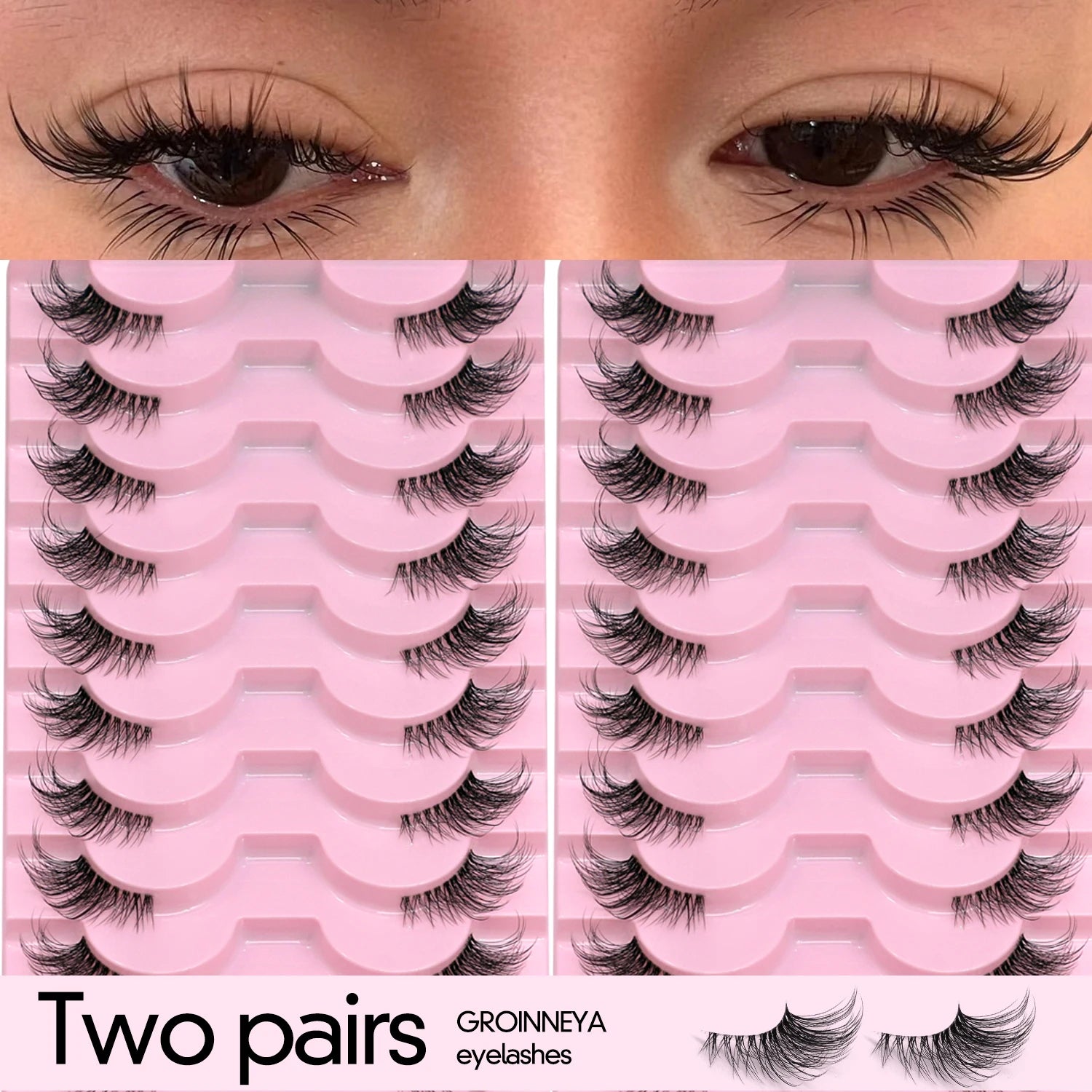 GROINNEYA Two Boxs Half Eyelashes Natural Fluffy Cat Eye Lashes Soft Wispy Faux Mink Lashes Winged End Eye Elongated Eyelashes