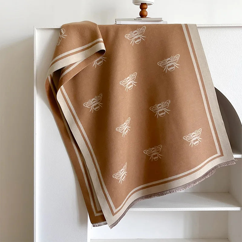 Luxury Brand Two-Sided Bees Scarf Imitation Cashmere Soft Warm Fringe Pashmina Shawl Winter Coldproof Windproof Blanket Scarf