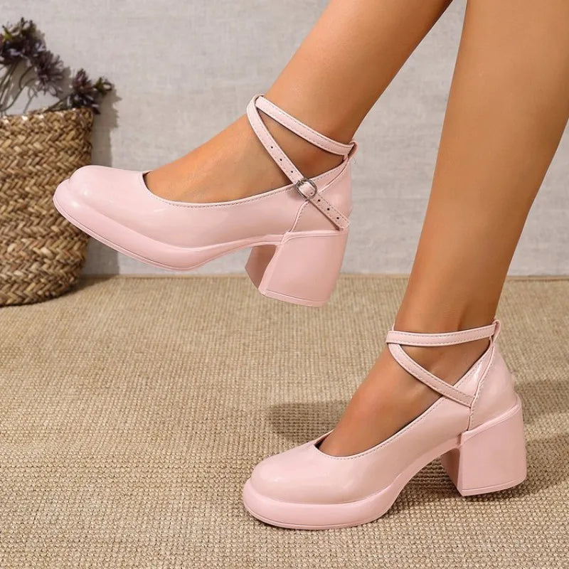 Fashion Ankle Strap Mary Janes Women 2025 PU Heel Pumps Woman  Party High Heels Shoes Female
