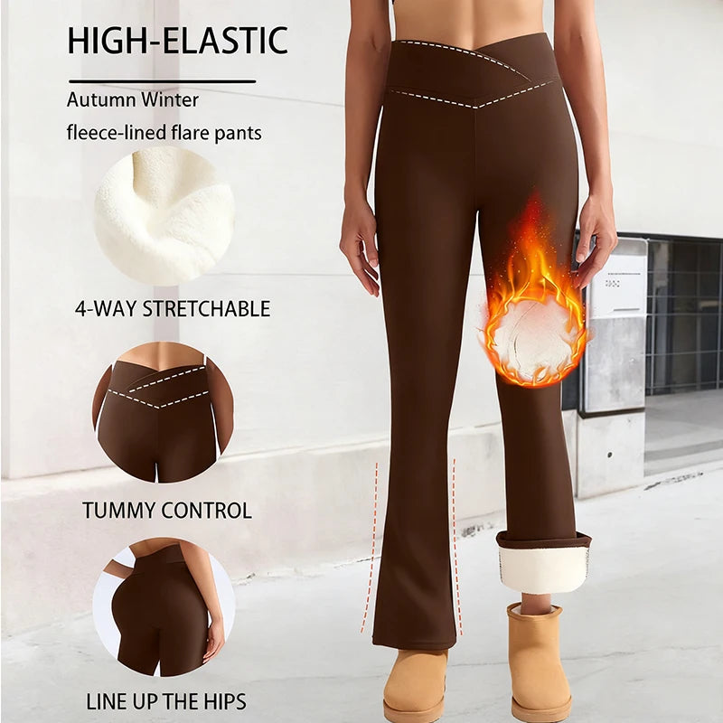 Women's Fleece-Lined Flare Pant Cross-Waist Design Thickened Winter Warm High-Waisted Tummy Control Lifting Leggings Casual Wear