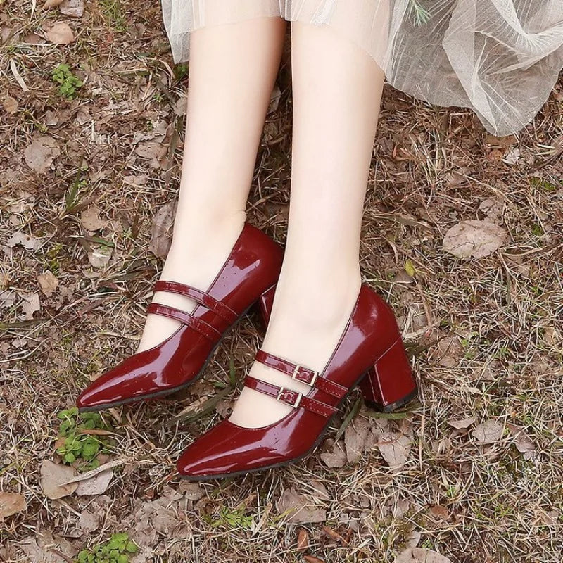2024 Spring Autumn Women Double Buckle Mary Janes Patent Leather Dress Shoes High Heels Pumps Retro Ladies Shoe Black Red