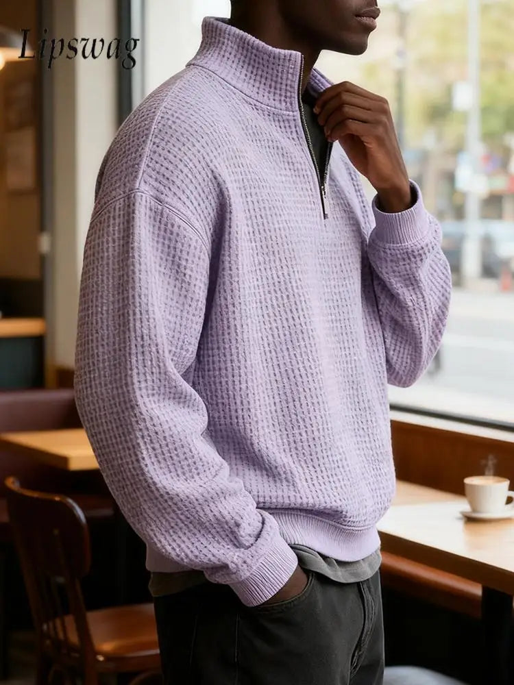 Outdoor Casual Mens Solid Color Jumper Tops Fall Winter Leisure Zipper Stand Collar Sweatshirts Men Stylish Long Sleeve Hoodies