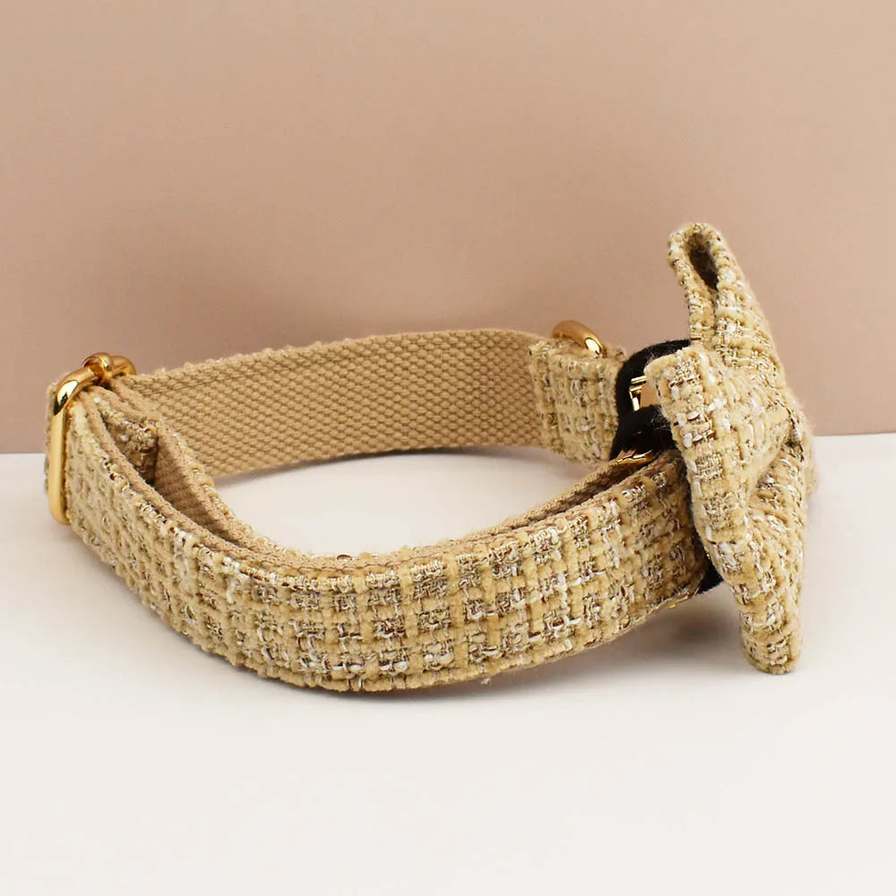 Light Khaki Dog Collar Harness And Leash Set with Custom Engraved Nameplate Personalized Pet Supplies for Dogs