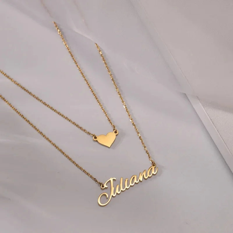Personalized Double-strand Heart Name Necklace for Women Custom Layered Necklace Stainless Steel 18K Gold Plated Chain Jewelry