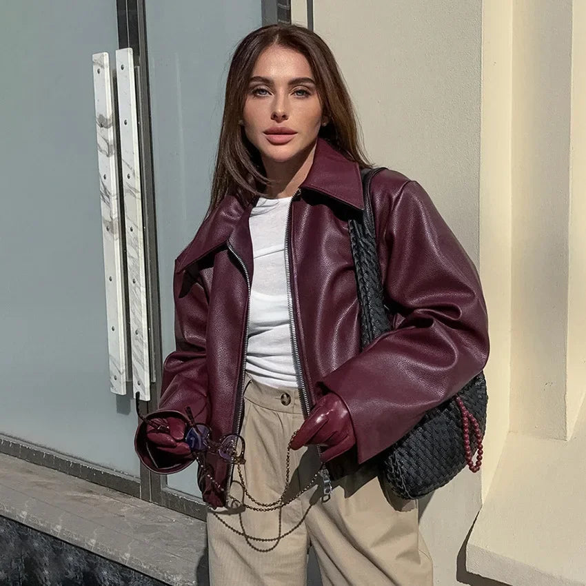 Retro motorcycle style wine red PU leather jacket for women 2025 autumn fashion matte leather jacket jacket
