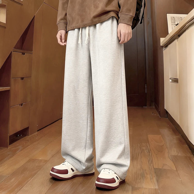 Grey Straight Leg Sweatpants Men's Winter Loose and Versatile Wide Leg Pants American Heavyweight Sports Casual Pants