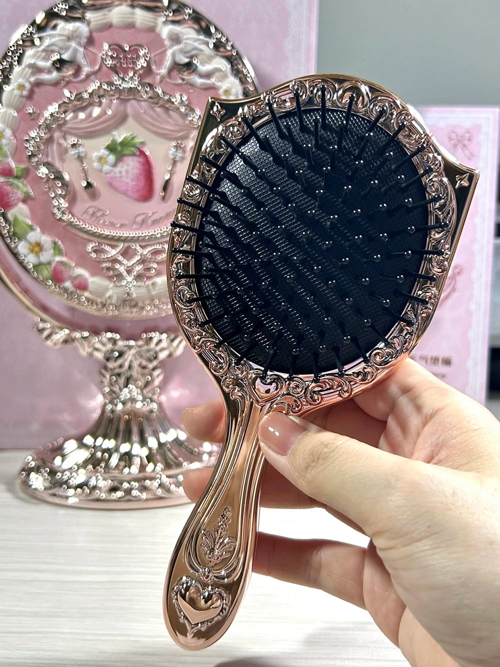 Flower Knows 9th Anniversary Limited Edition Luxury Vanity Mirror with Paddle Hair Brush And Brush Holder Set for Makeup Desk