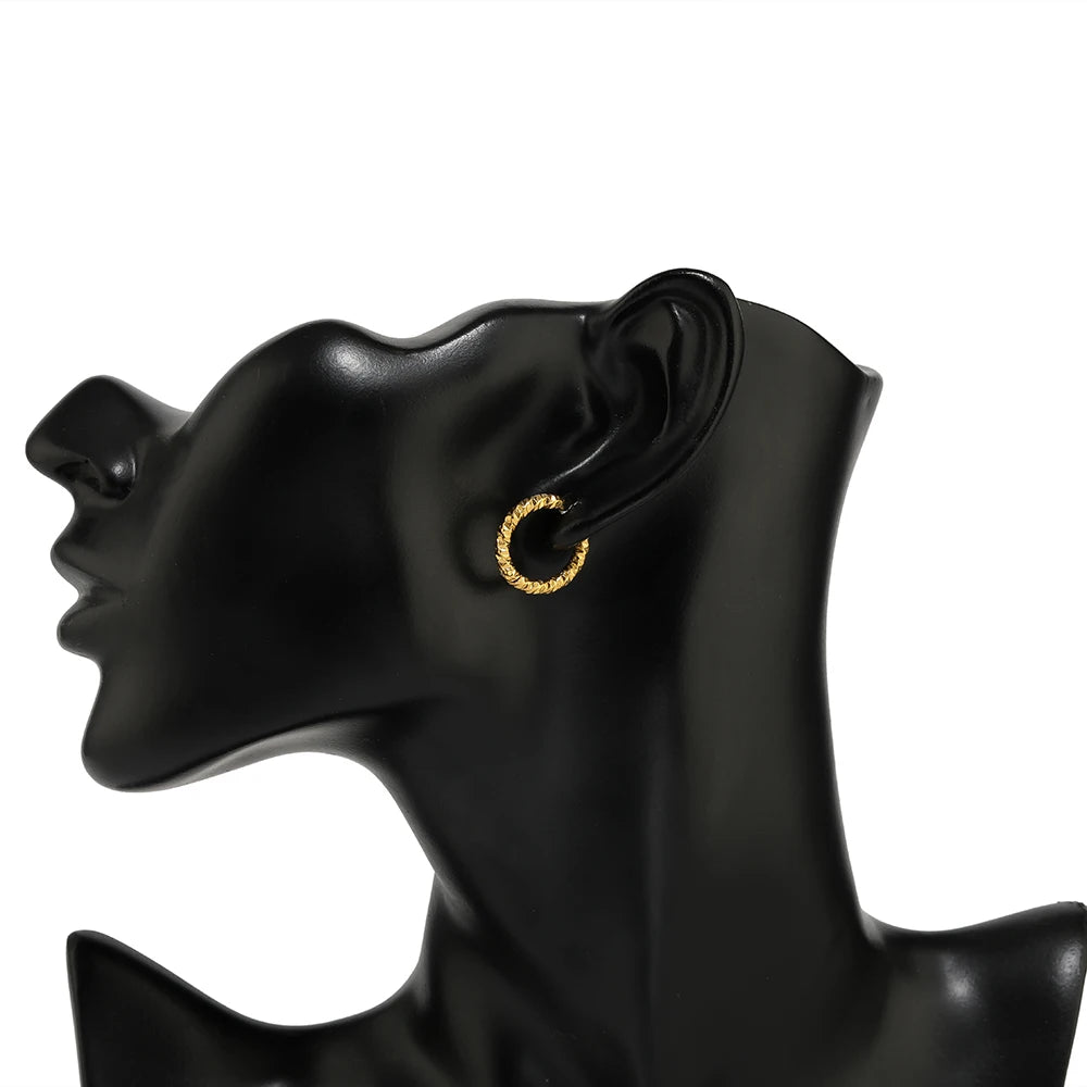 6pcs Stainless Steel Round Embossing Ear Rings PVD Gold Plated Korean Earrings Hoops Earring for Women Female Girls Metal Luxury