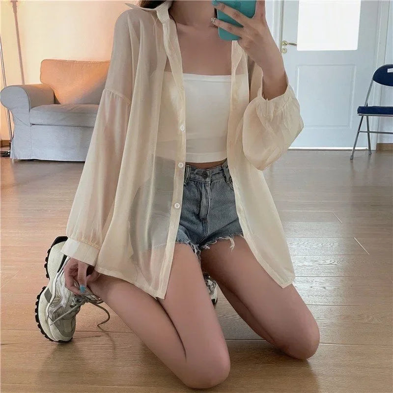 Xpqbb Women's White Chiffon Shirt Sheer Thin Long Sleeve Sun Protection Blouse Woman Casual Loose Simple Single-breasted Shirts