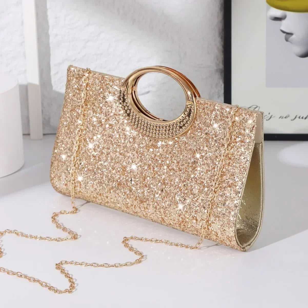 Retro Large round Ring Clutch Bag Evening Bag High Texture Flash Fashion Trend Handheld Bag Polyester Fiber Vintage Style