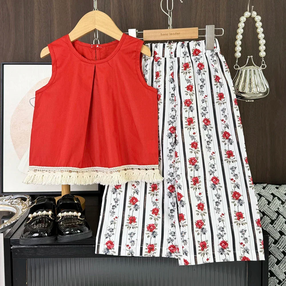 Summer New 3-7Y Girls Casual Clothes Korean Version Children Sleeveless O-Neck Tassel Top + Flower Print Pants 2 Pcs Set
