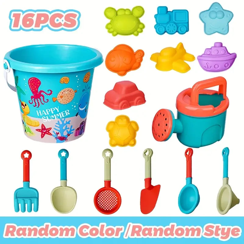 16pcs Children's Beach Toy Set Baby Playing In Water And Beach Large Sand Shovel Beach Bucket Sand Digging Tool Sand Toys