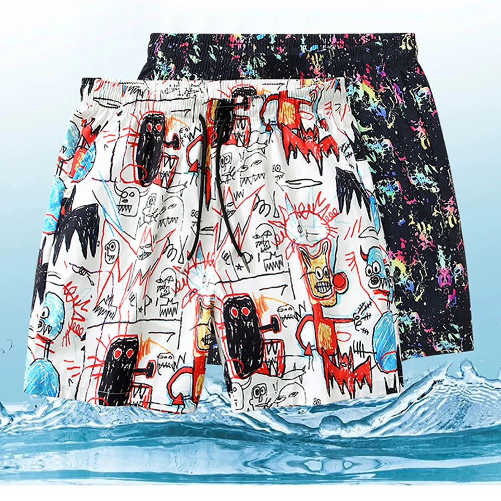 Summer Striped Beach Pants New Graffiti 3d Beach Shorts Outdoor Quick Dry Men's Ice Silk Beach Pants Summer Thin Casual Shorts