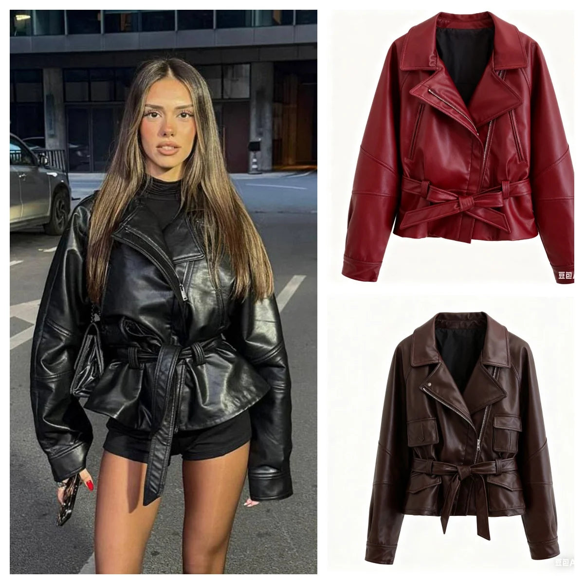 HH Women Vintage Motorcycle Jacket With Belt Faux Leather Trench Coat Long Sleeve Lapel Zipper Jacket Autumn High Street Outwear
