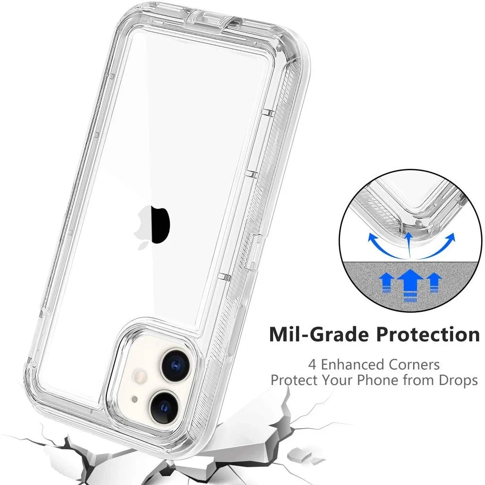 Military Level Heavy Duty Hard  3IN1 Transparent Shockproof  For iPhone 14 13 11 15 16 Pro Max MINI X XR XSMAX SE 6 7 8Plus Case