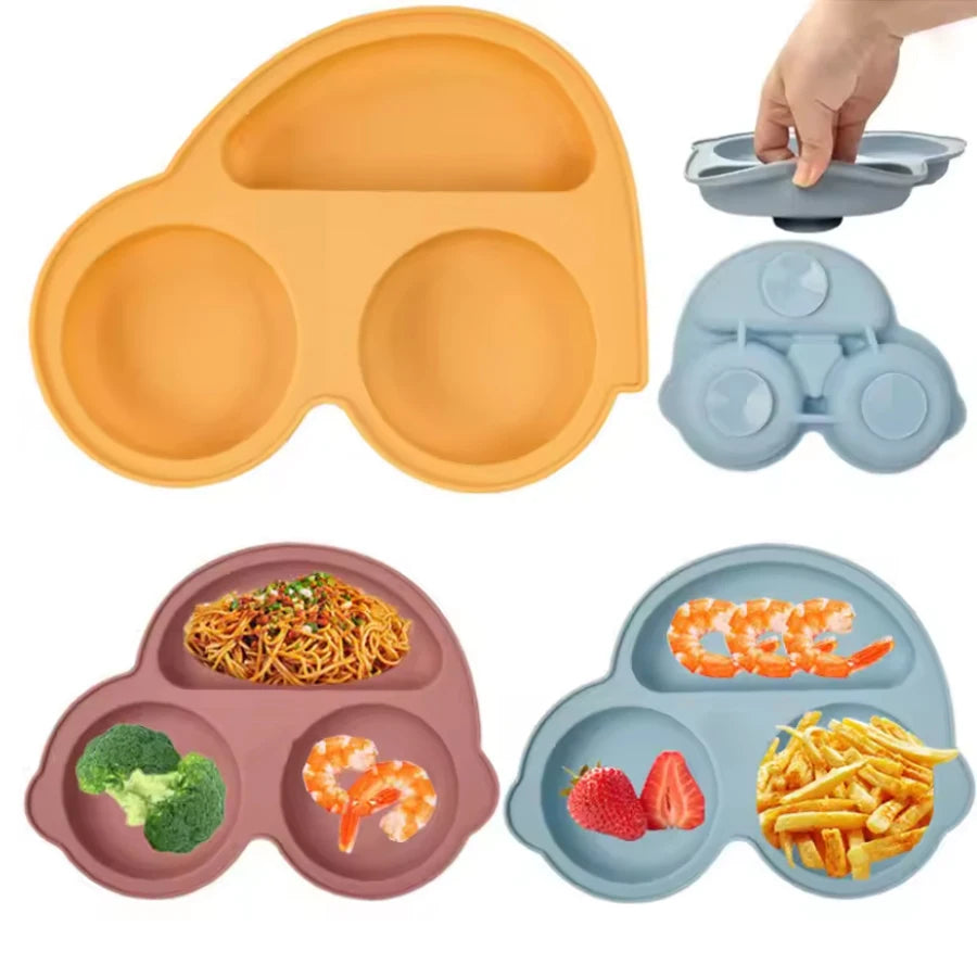 Baby Silicone Car Dining Plate with Suction Cup Cartoon Children Dishes Feeding Toddler Training Baby Self-feedingTableware