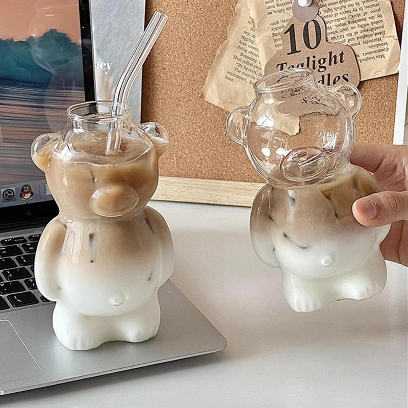 Creative Cute Bear Coffee Mug With Straw Transparent Cup Beer Milk Coffee Water Cups Wholesale Glass Drinkware Mug Set 320ML