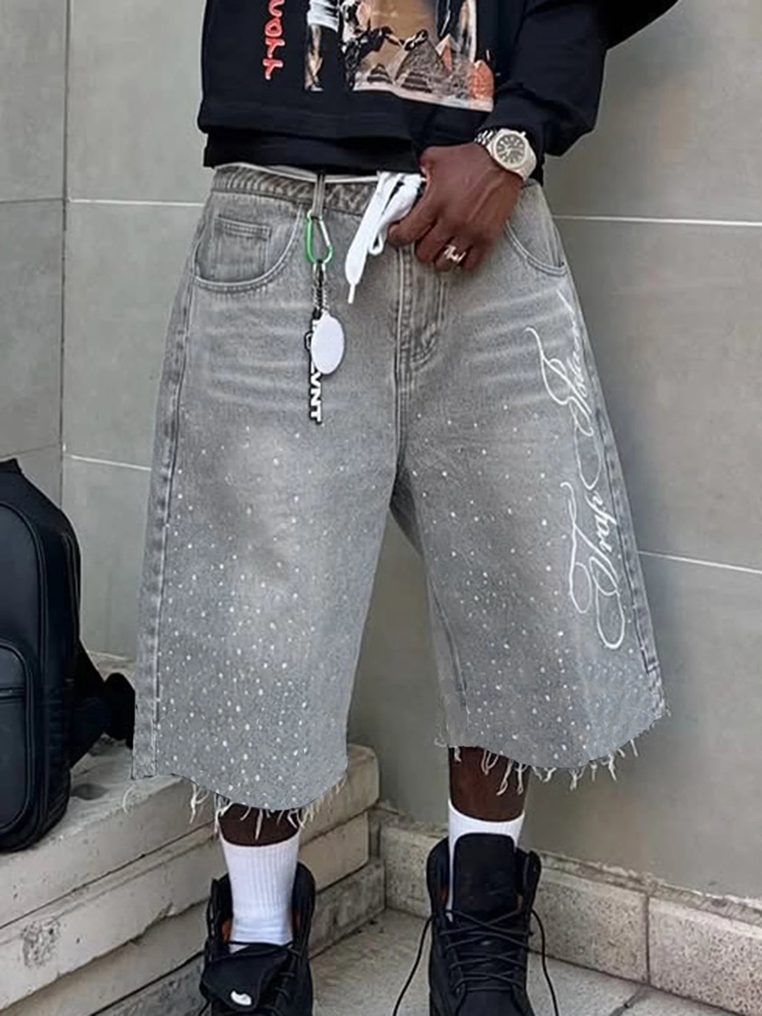 Men s Stylish Knee-Length Denim Shorts with Embroidered Logo and Rhinestone Detailing for Summer Casual Wear