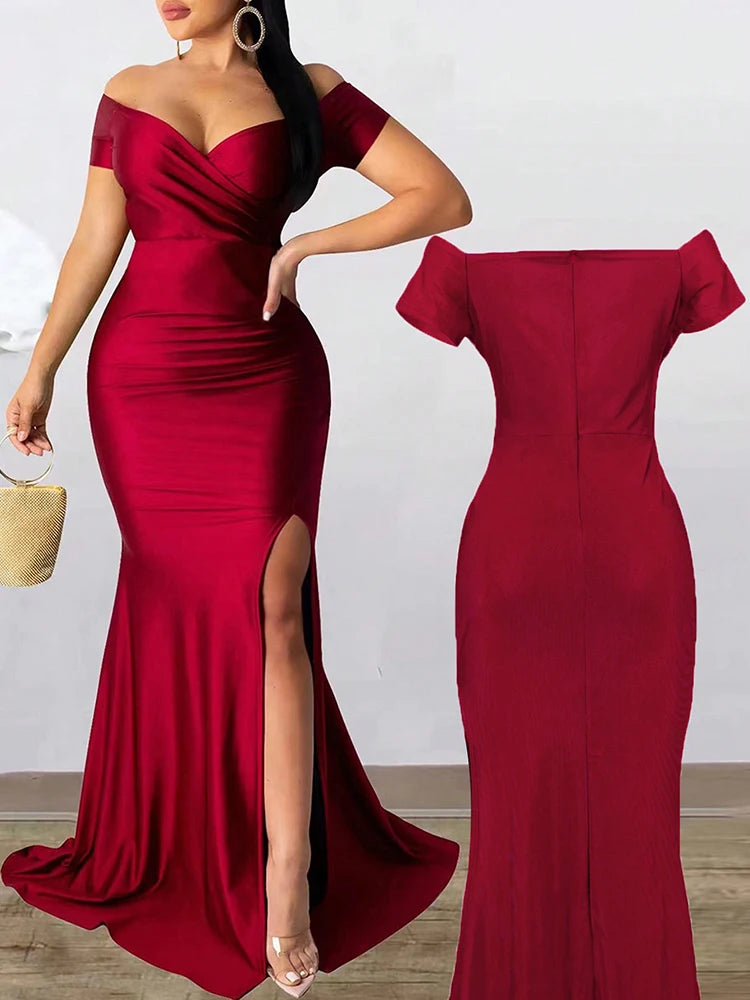 Classic High Slit Evening Dress Women Solid Maxi Long Dresses With Sleeves Wedding Bridesmaid Elegant Party Dresses 2025 Woman